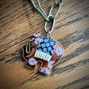 Large Cloisonné Elephant Gold Tone Pendant Chain Necklace